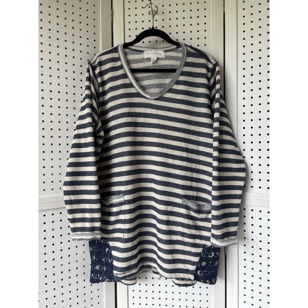 French Laundry Terry Lace Tunic‎ Shirt Women's 2X Striped Blue Beige Soft Beachy